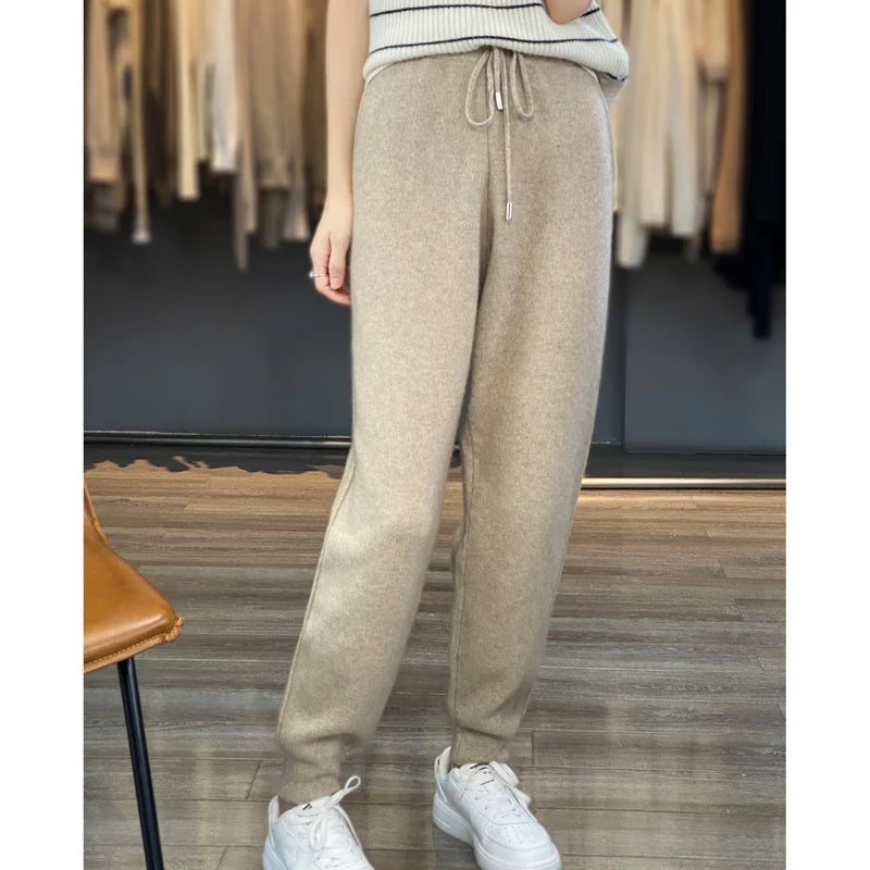 CITSLX 100% Merino wool cashmere women's knitted wool pants in autumn and winter new elastic waist fashion feet pants.