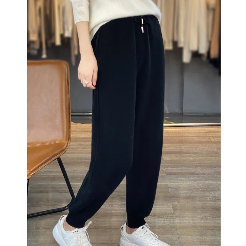 CITSLX 100% Merino wool cashmere women's knitted wool pants in autumn and winter new elastic waist fashion feet pants.