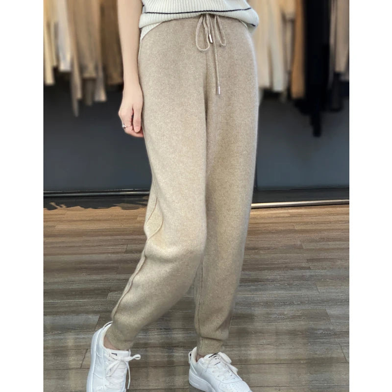 CITSLX 100% Merino wool cashmere women's knitted wool pants in autumn and winter new elastic waist fashion feet pants.