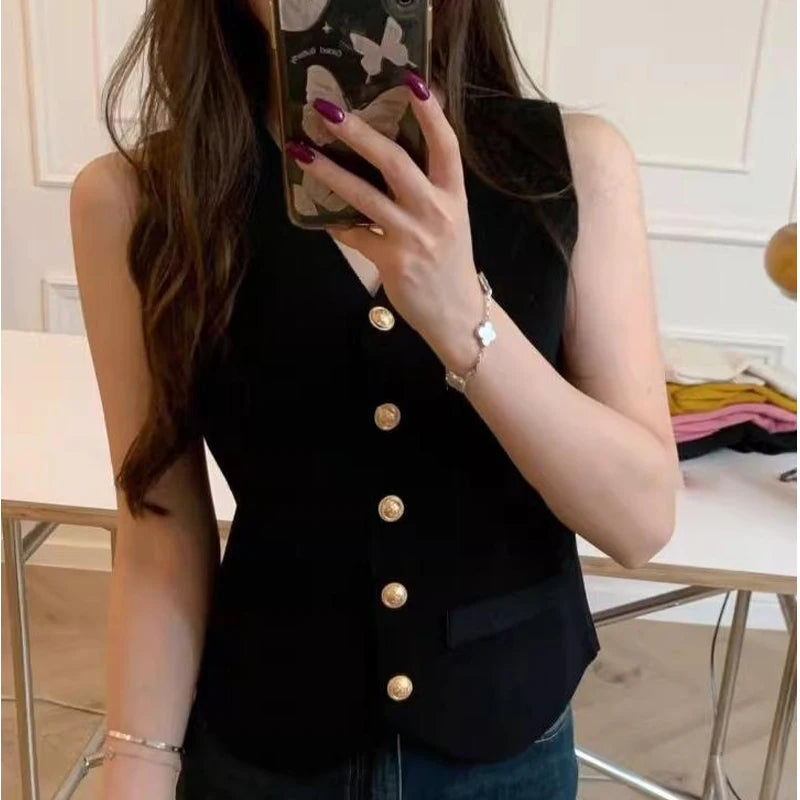 CITSLX 1pcs Vest French Temperament V-neck Single Breasted Sleeveless Slim Knitted Vest For Women