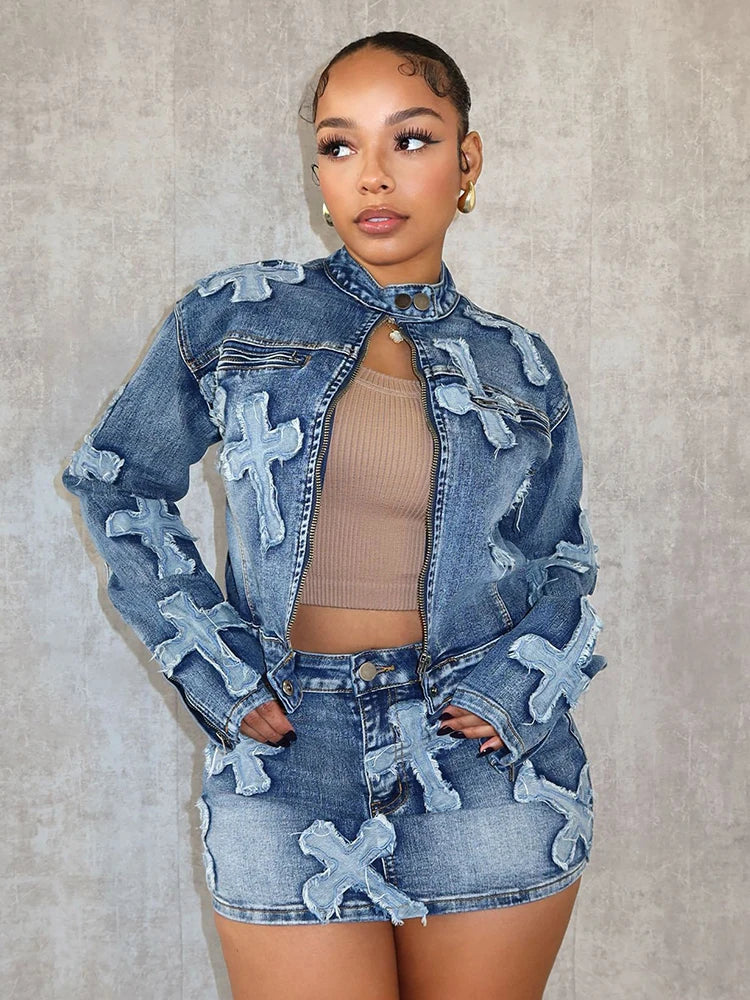 CITSLX 2 Piece Denim Sets Womens Outfits Spring Long Sleeve Zipper Jacket and Mini Skirt Set Sweet Sexy Outfits Wholesale Dropshipping