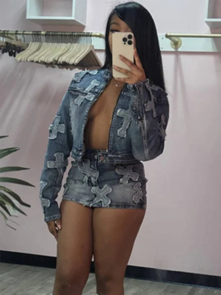 CITSLX 2 Piece Denim Sets Womens Outfits Spring Long Sleeve Zipper Jacket and Mini Skirt Set Sweet Sexy Outfits Wholesale Dropshipping