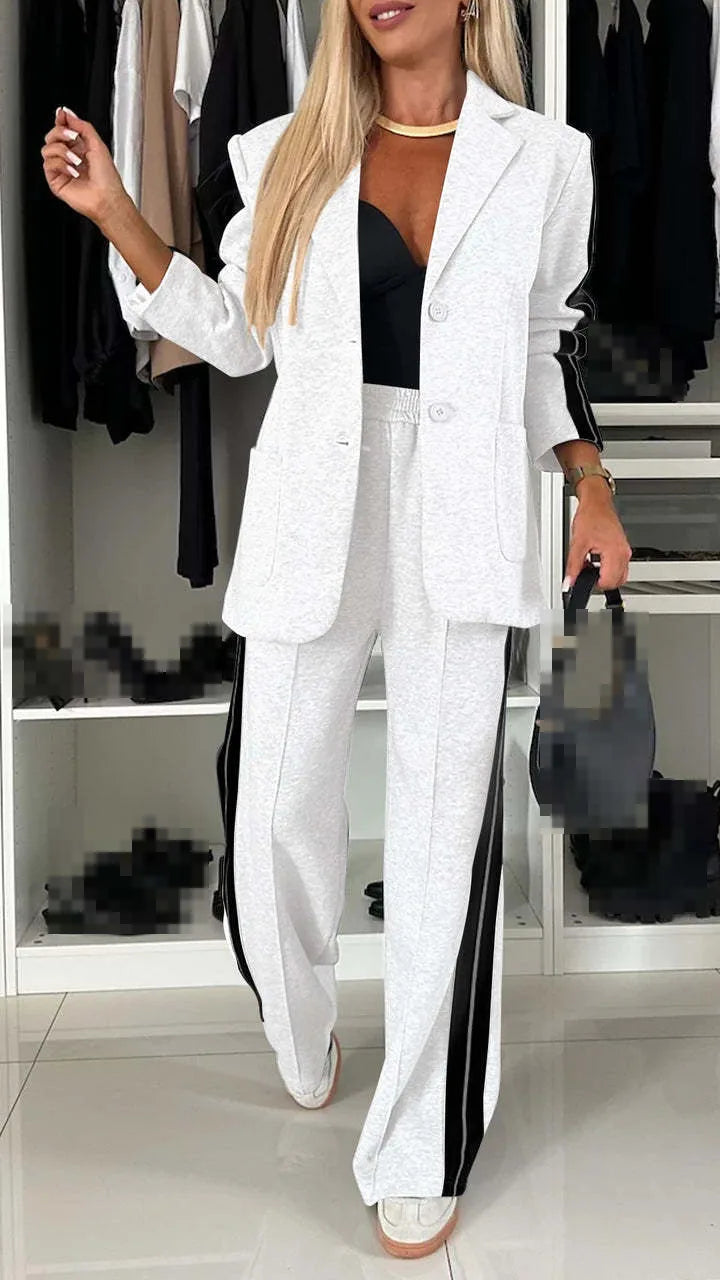 CITSLX 2 Piece Set Women's Office Winter Autumn Fashion V Neck Long Sleeve Striped Blazer Elegant Straight Pants Suit Sportswear