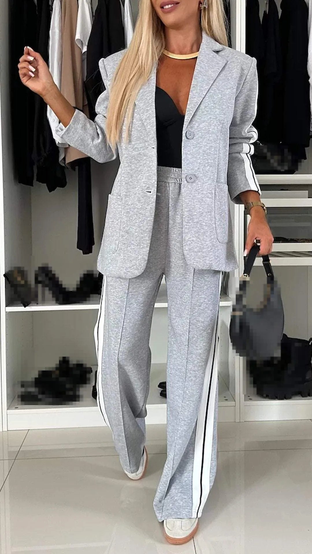 CITSLX 2 Piece Set Women's Office Winter Autumn Fashion V Neck Long Sleeve Striped Blazer Elegant Straight Pants Suit Sportswear