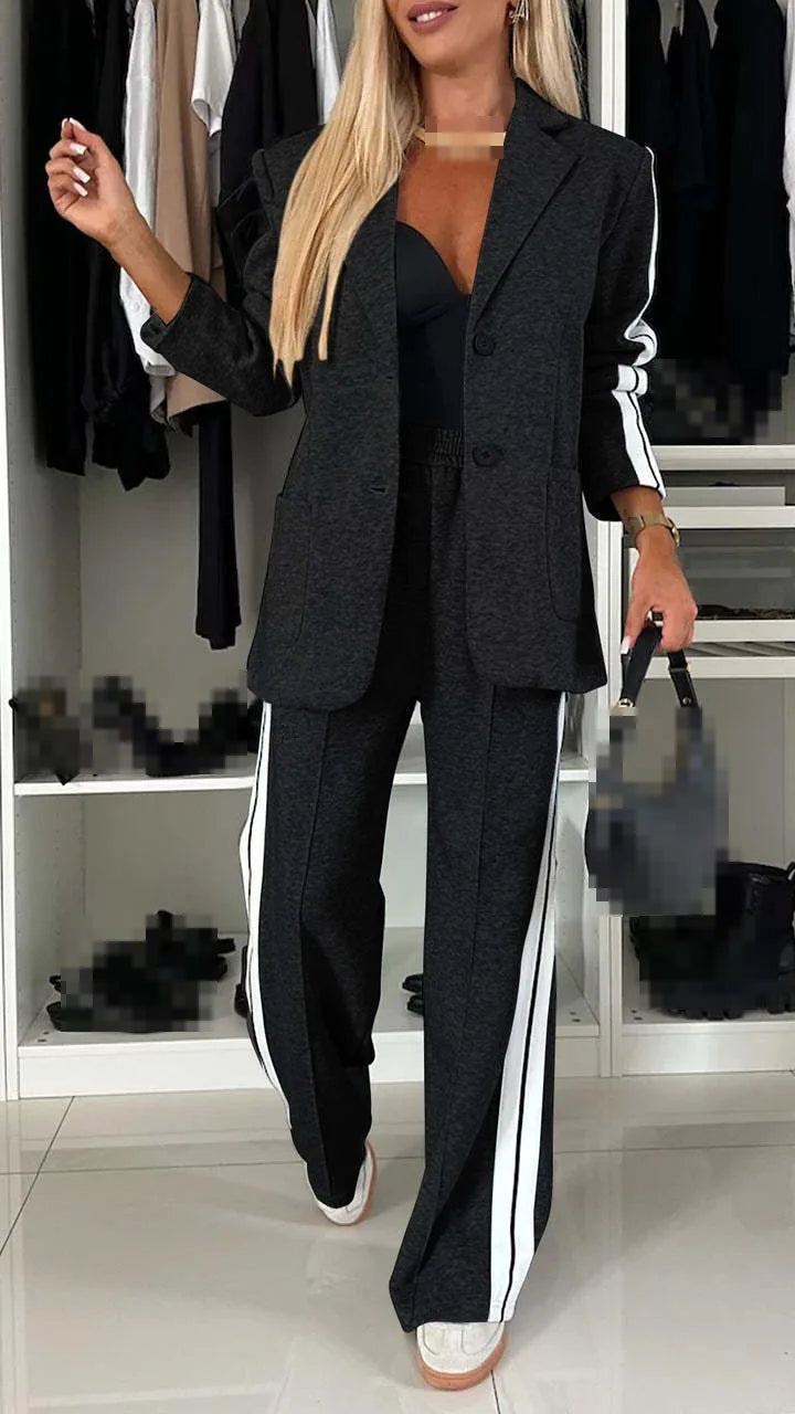 CITSLX 2 Piece Set Women's Office Winter Autumn Fashion V Neck Long Sleeve Striped Blazer Elegant Straight Pants Suit Sportswear