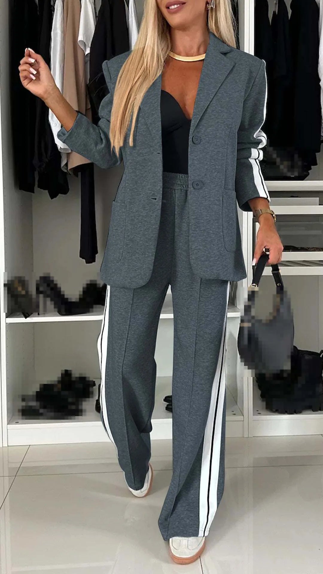 CITSLX 2 Piece Set Women's Office Winter Autumn Fashion V Neck Long Sleeve Striped Blazer Elegant Straight Pants Suit Sportswear