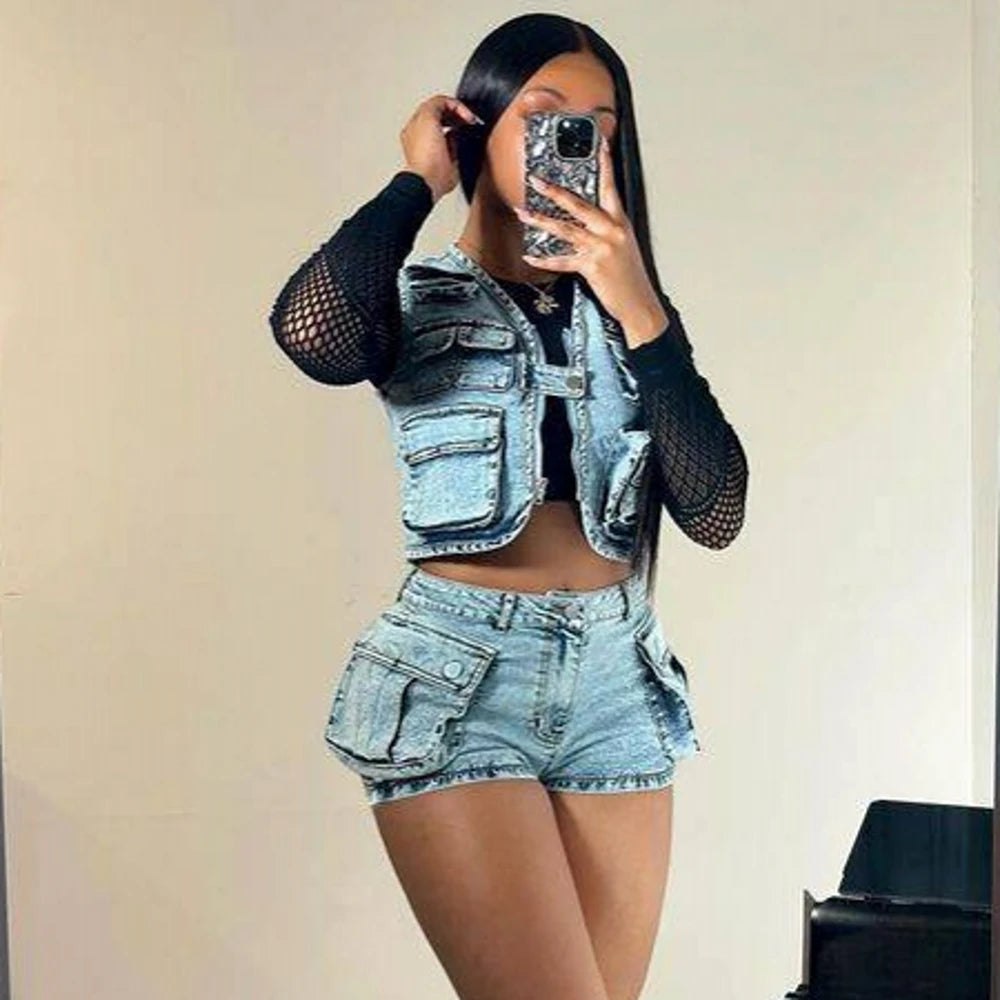 CITSLX 2 Pieces Set Sexy 2024 Summer Spring Fashion Women Set Solid Color Sleeveless Denim Jeans  And Shorts Suit Matching Sets Outfit