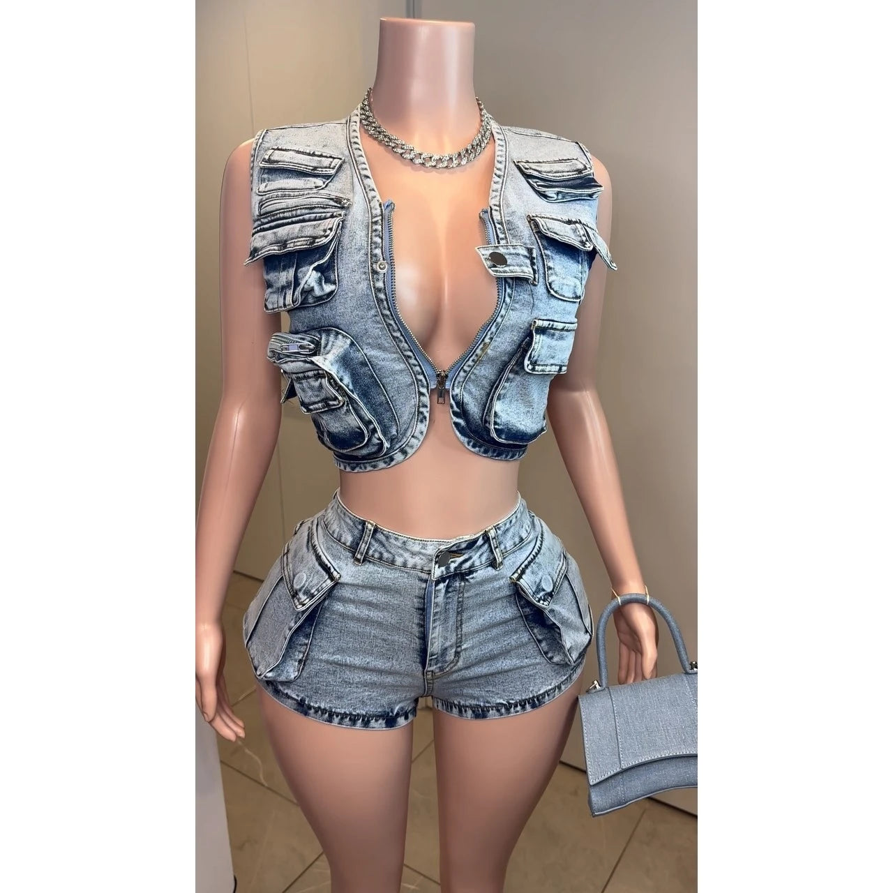 CITSLX 2 Pieces Set Sexy 2024 Summer Spring Fashion Women Set Solid Color Sleeveless Denim Jeans  And Shorts Suit Matching Sets Outfit