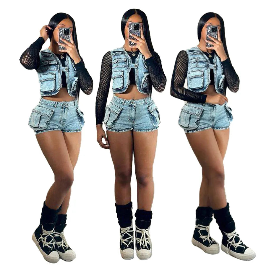 CITSLX 2 Pieces Set Sexy 2024 Summer Spring Fashion Women Set Solid Color Sleeveless Denim Jeans  And Shorts Suit Matching Sets Outfit