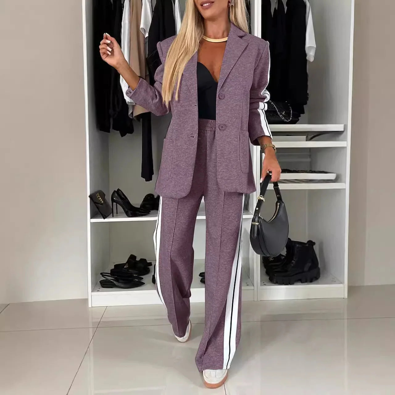 CITSLX 2-piece Loose Suit Blouse Coat Sides Vertical Stripes Long Pant Casual Luxury Office Lady New All-match Elegant Women's Sets