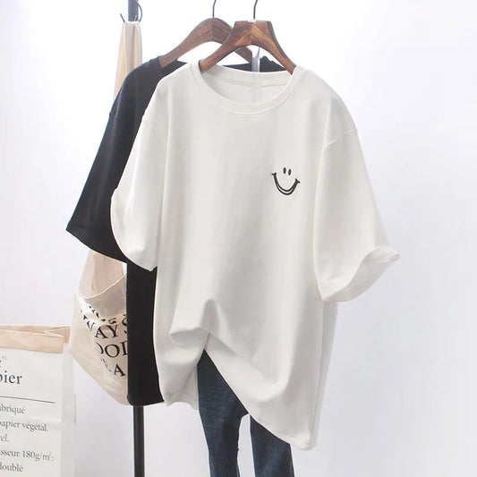 CITSLX 2024 Korean Batwing Short Sleeve Loose T-shirts Casual Women Floral Print Happy Face Black White All Match Trend Tee Top