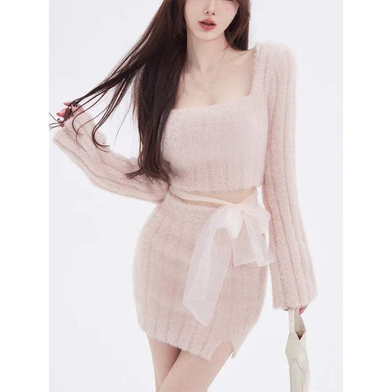 CITSLX 2024 Autumn Knitted Sweater Suits Female Elegant 2 Piece Skirts Korean Fashion Even Party Y2k Crop Tops Japanese Kawaii Clothing