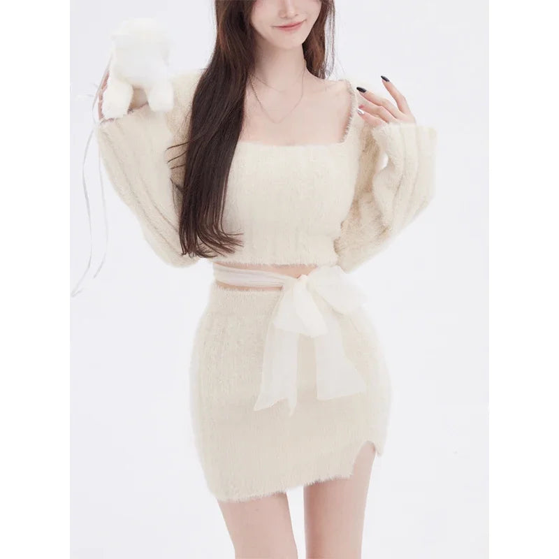 CITSLX 2024 Autumn Knitted Sweater Suits Female Elegant 2 Piece Skirts Korean Fashion Even Party Y2k Crop Tops Japanese Kawaii Clothing