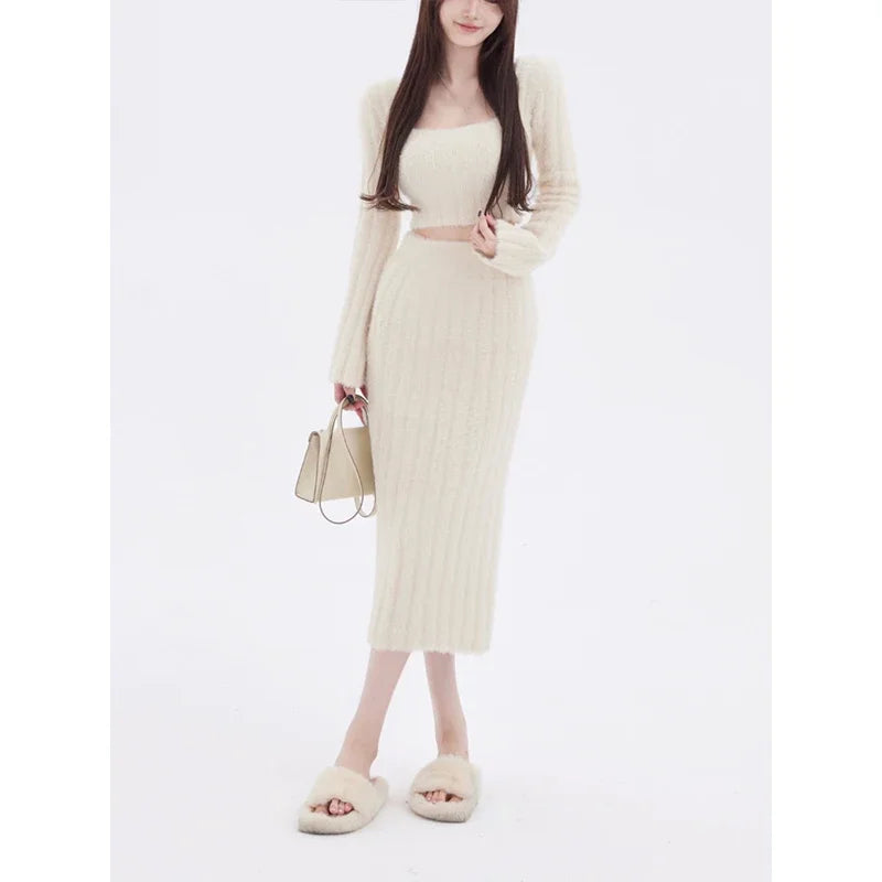 CITSLX 2024 Autumn Knitted Sweater Suits Female Elegant 2 Piece Skirts Korean Fashion Even Party Y2k Crop Tops Japanese Kawaii Clothing