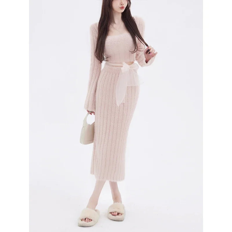 CITSLX 2024 Autumn Knitted Sweater Suits Female Elegant 2 Piece Skirts Korean Fashion Even Party Y2k Crop Tops Japanese Kawaii Clothing