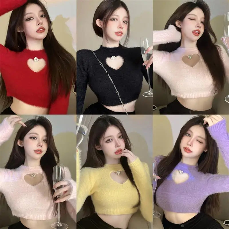 CITSLX 2024 Autumn Winter New Sweater Women's O Neck Diamond-Studded Hollow Love Long Sleeve Slim Short Crop Top