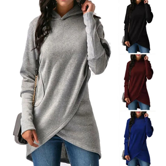 CITSLX 2024 Autumn Winter Solid Color Sweater Hooded Long Sleeve Women Clothing Fashion Casual Sports Top Cross Connection Long Sweater