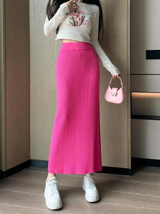 CITSLX 2025 Autumn Winter Women Solid Straight Knitted Skirt Elastic High Waist Office Ladies Striped Wrapped Hip Long Skirts Popular