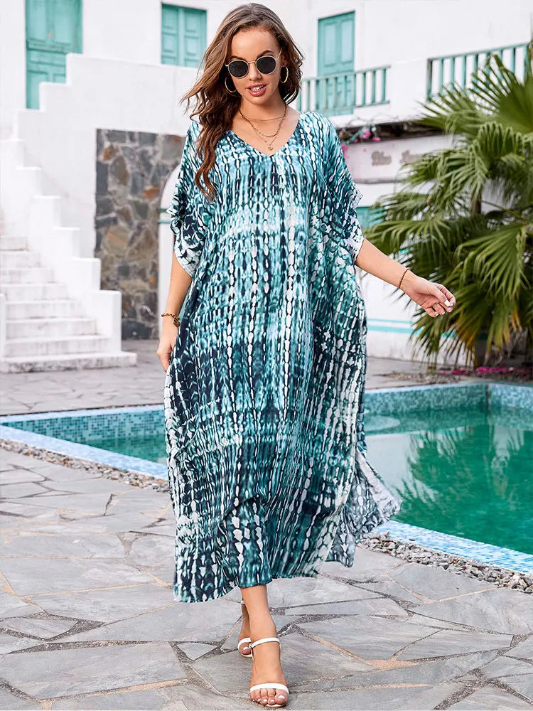 CITSLX 2024 Bohemian Printed V-neck Batwing Sleeve Side Split Loose Dress For Women Clothes Plus Size Beachwear Maxi Dresses Q1218