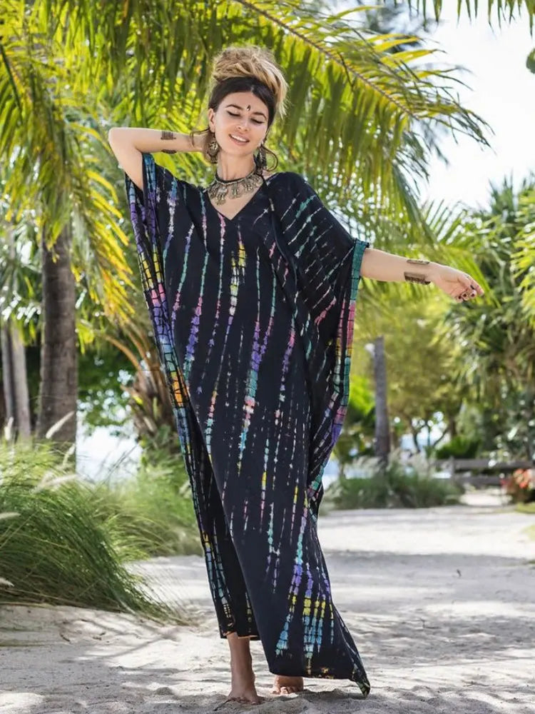 CITSLX 2024 Bohemian Printed V-neck Batwing Sleeve Side Split Loose Dress For Women Clothes Plus Size Beachwear Maxi Dresses Q1218