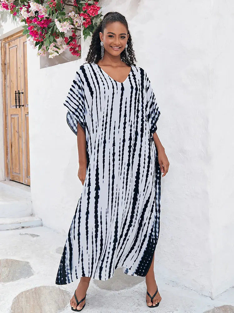 CITSLX 2024 Bohemian Printed V-neck Batwing Sleeve Side Split Loose Dress For Women Clothes Plus Size Beachwear Maxi Dresses Q1218