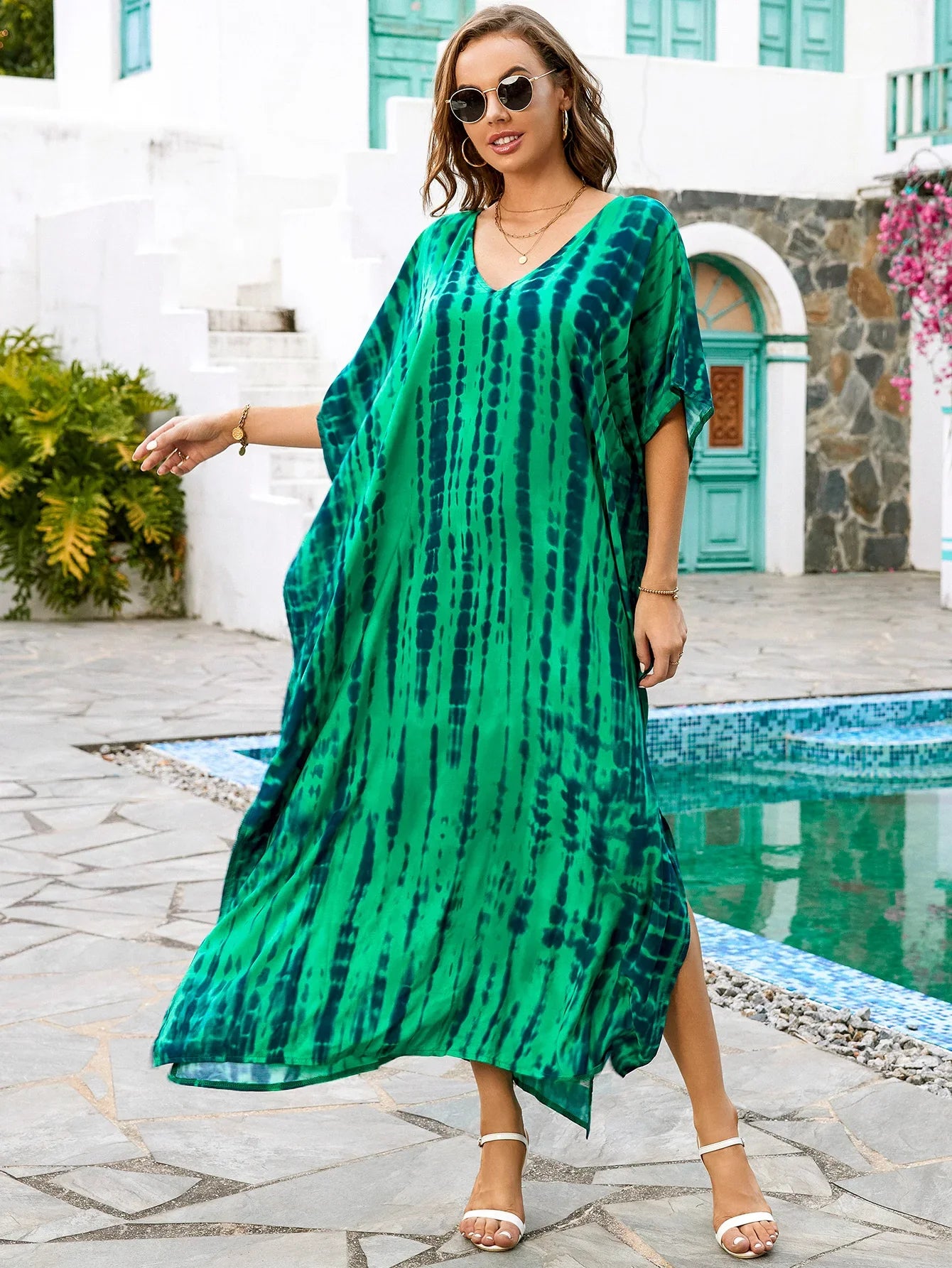 CITSLX 2024 Bohemian Printed V-neck Batwing Sleeve Side Split Loose Dress For Women Clothes Plus Size Beachwear Maxi Dresses Q1218