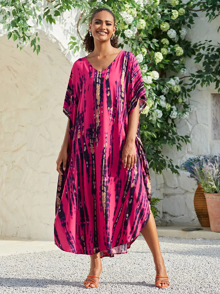 CITSLX 2024 Bohemian Printed V-neck Batwing Sleeve Side Split Loose Dress For Women Clothes Plus Size Beachwear Maxi Dresses Q1218