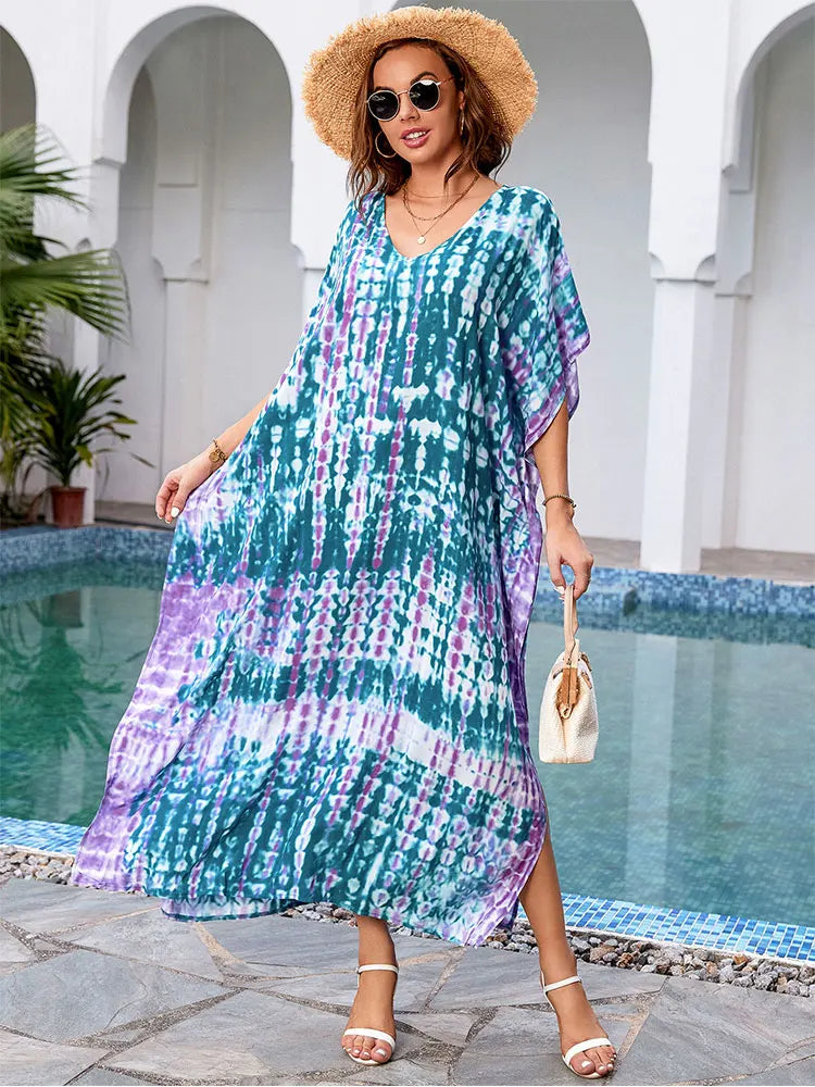 CITSLX 2024 Bohemian Printed V-neck Batwing Sleeve Side Split Loose Dress For Women Clothes Plus Size Beachwear Maxi Dresses Q1218