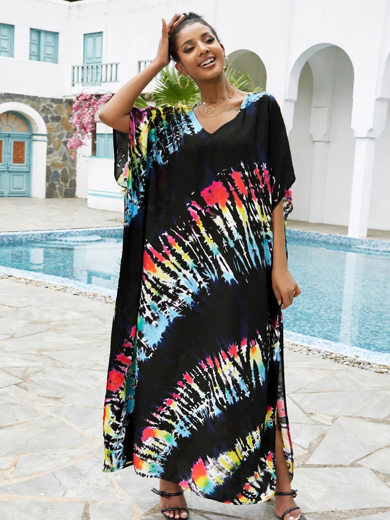 CITSLX 2024 Bohemian Printed V-neck Batwing Sleeve Side Split Loose Dress For Women Clothes Plus Size Beachwear Maxi Dresses Q1218