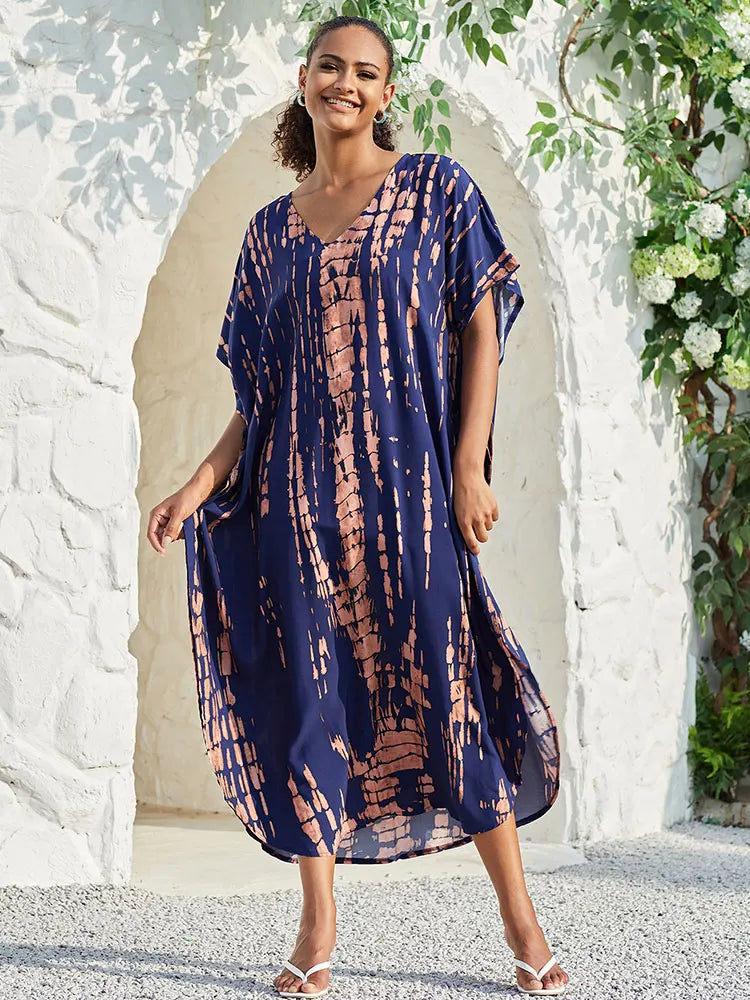 CITSLX 2024 Bohemian Printed V-neck Batwing Sleeve Side Split Loose Dress For Women Clothes Plus Size Beachwear Maxi Dresses Q1218