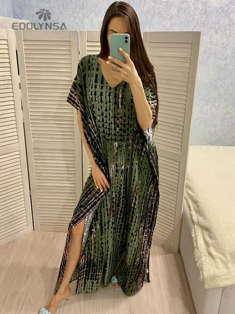 CITSLX 2024 Bohemian Printed V-neck Batwing Sleeve Side Split Loose Dress For Women Clothes Plus Size Beachwear Maxi Dresses Q1218