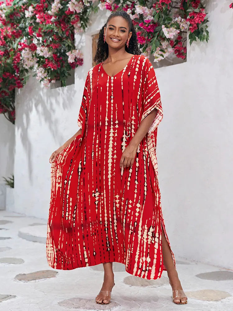 CITSLX 2024 Bohemian Printed V-neck Batwing Sleeve Side Split Loose Dress For Women Clothes Plus Size Beachwear Maxi Dresses Q1218