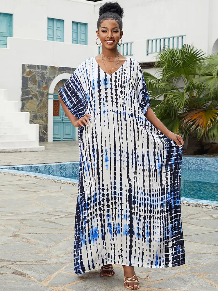 CITSLX 2024 Bohemian Printed V-neck Batwing Sleeve Side Split Loose Dress For Women Clothes Plus Size Beachwear Maxi Dresses Q1218