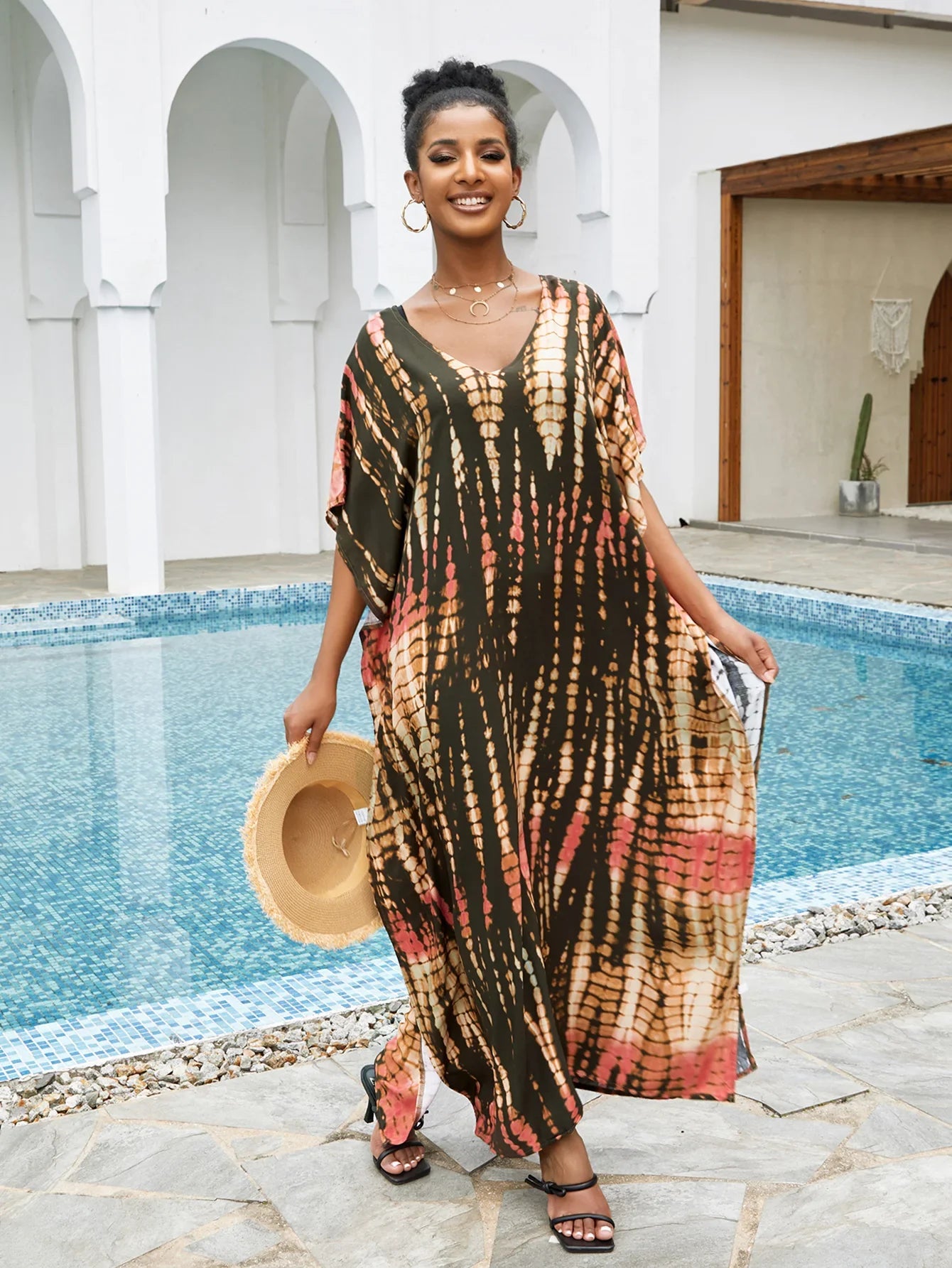 CITSLX 2024 Bohemian Printed V-neck Batwing Sleeve Side Split Loose Dress For Women Clothes Plus Size Beachwear Maxi Dresses Q1218