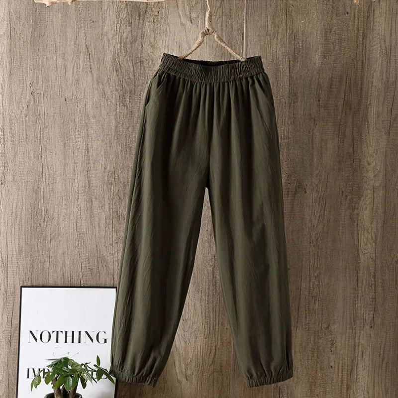 CITSLX 2024 Cotton Linen Women Pants Spring Summer Green Harem Pants Solid Elastic Waist Harem Trousers Soft High Quality Women's Pants