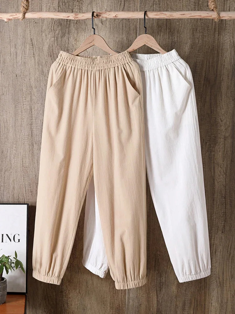 CITSLX 2024 Cotton Linen Women Pants Spring Summer Green Harem Pants Solid Elastic Waist Harem Trousers Soft High Quality Women's Pants