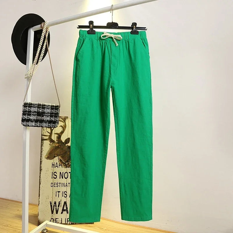 CITSLX 2024 Cotton Linen Women Pants Spring Summer Green Harem Pants Solid Elastic Waist Harem Trousers Soft High Quality Women's Pants