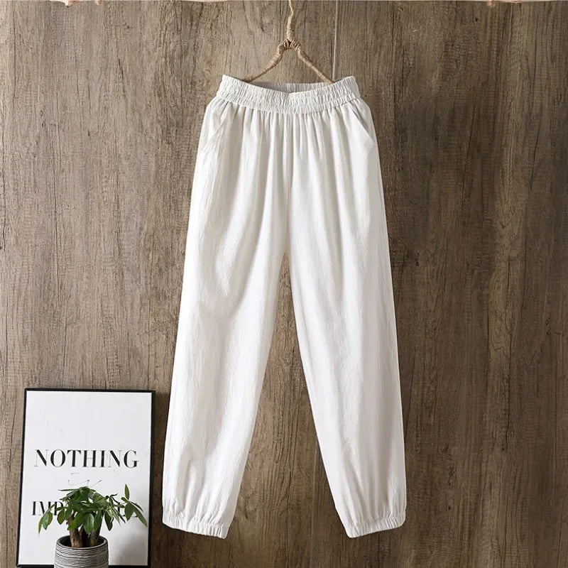 CITSLX 2024 Cotton Linen Women Pants Spring Summer Green Harem Pants Solid Elastic Waist Harem Trousers Soft High Quality Women's Pants