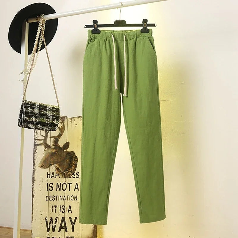 CITSLX 2024 Cotton Linen Women Pants Spring Summer Green Harem Pants Solid Elastic Waist Harem Trousers Soft High Quality Women's Pants