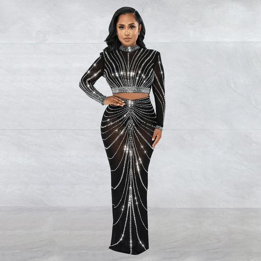 HAIPURUN2024 Long Sleeve Mesh Maxi Bodycon Elegant Party Sparkly Rhinestone For Birthday Dress Sexy Club Two Piece Sets Womens Outifits