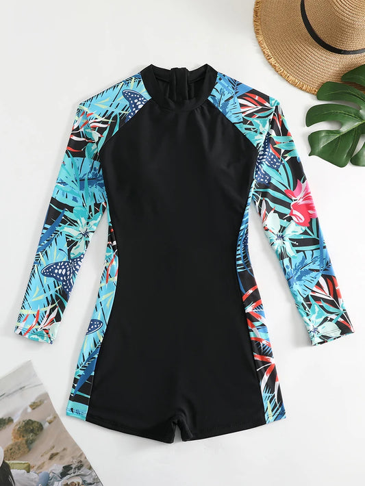 CITSLX 2024 Print Flower Long Sleeve One Piece Swimsuit Summer Beach Bathing Suits Women Swimwear with Zipper Female Monokini Bikini XL