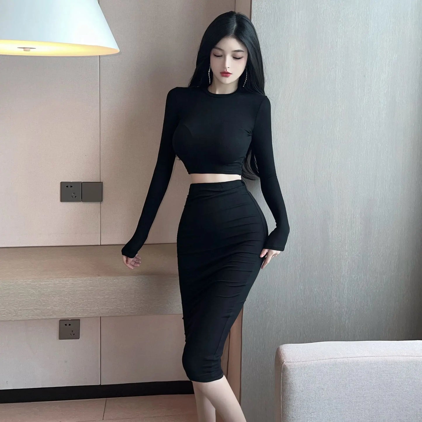 CITSLX Sexy Spicy Girl Bold Hollow Out Elegant Fashion Gentle Skirt Set Short Long Sleeve Top High Waist Skirt Set Female