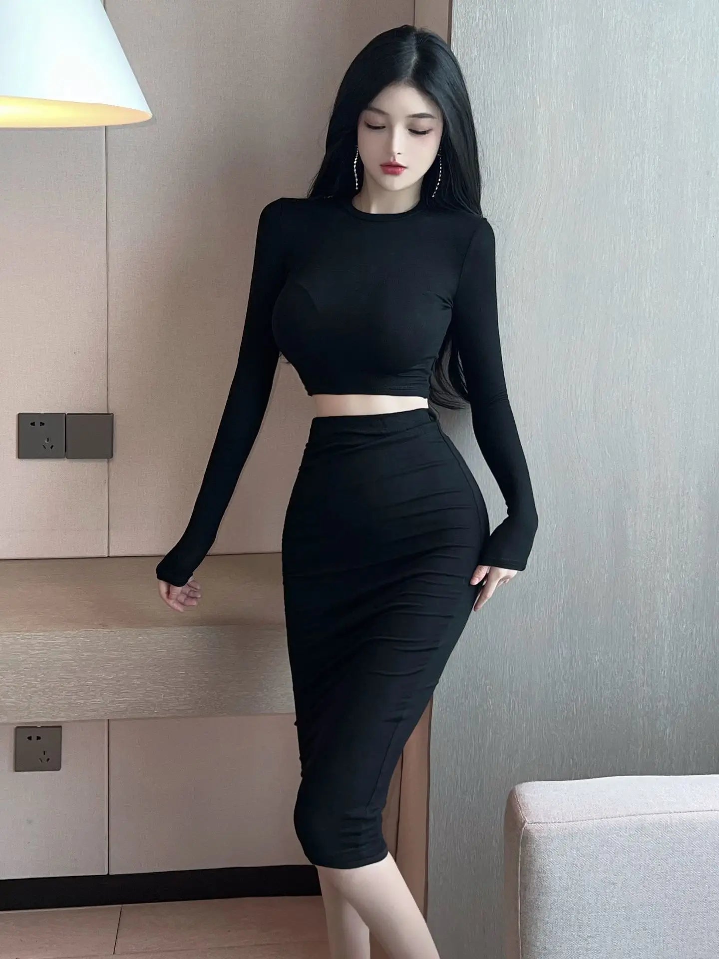 CITSLX Sexy Spicy Girl Bold Hollow Out Elegant Fashion Gentle Skirt Set Short Long Sleeve Top High Waist Skirt Set Female