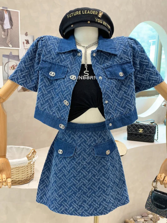 CITSLX 2024 Summer New Street Fashion Women's Suit With Skirt Denim Short Sleeve Top Sweet Girl Female Blue Plaid Skirt 2 Piece Set