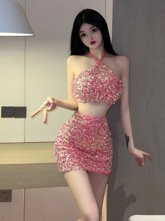 CITSLX 2024 Summer New Women's Sexy Spicy Girl Sequin Hanging Neck backless Top Slim Wrap buttocks Short Skirt Fashion pink Set VDZT