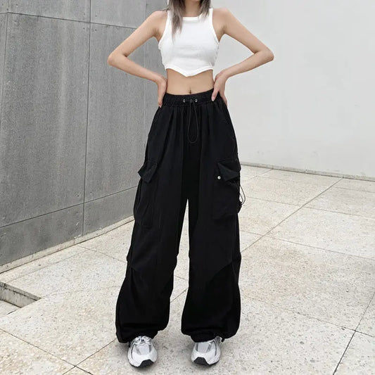 CITSLX 2024 Women Casual Joggers Tech Pants Solid Low Waist Pants Drawstring Wide Leg Baggy Trousers Y2k Streetwear Oversize Sweatpants