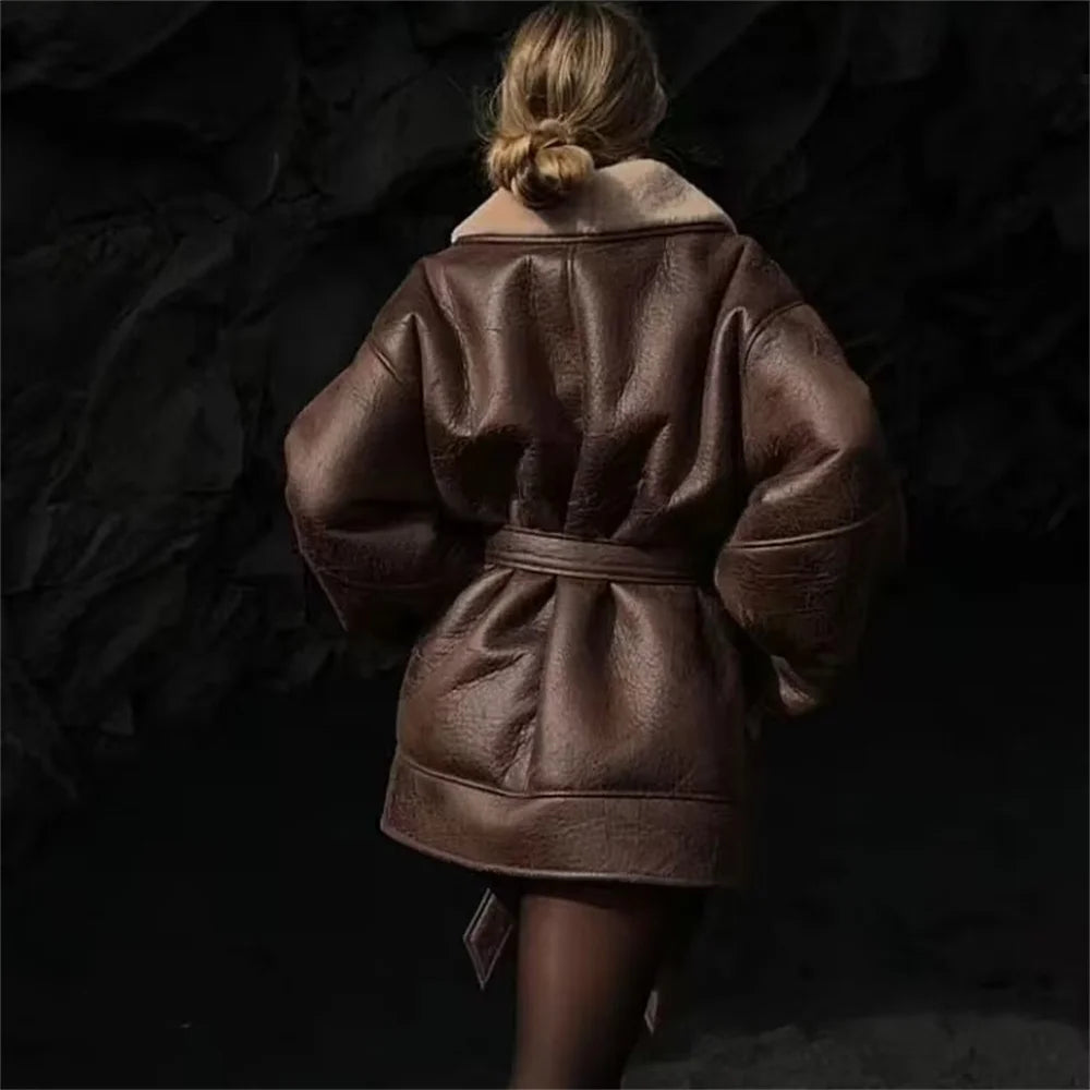 CITSLX 2024 Women's Autumn/Winter Fashion New European and American Two tone Leather and Fur Integrated Windbreaker