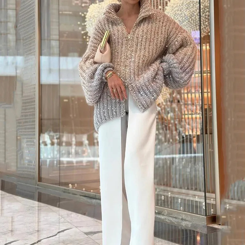 CITSLX 2024 Autumn Winter Women Long Sleeves Knitted Cardigan Casual Comfortable Sequin V-Neck Sweater Coat Loose Female Outwear