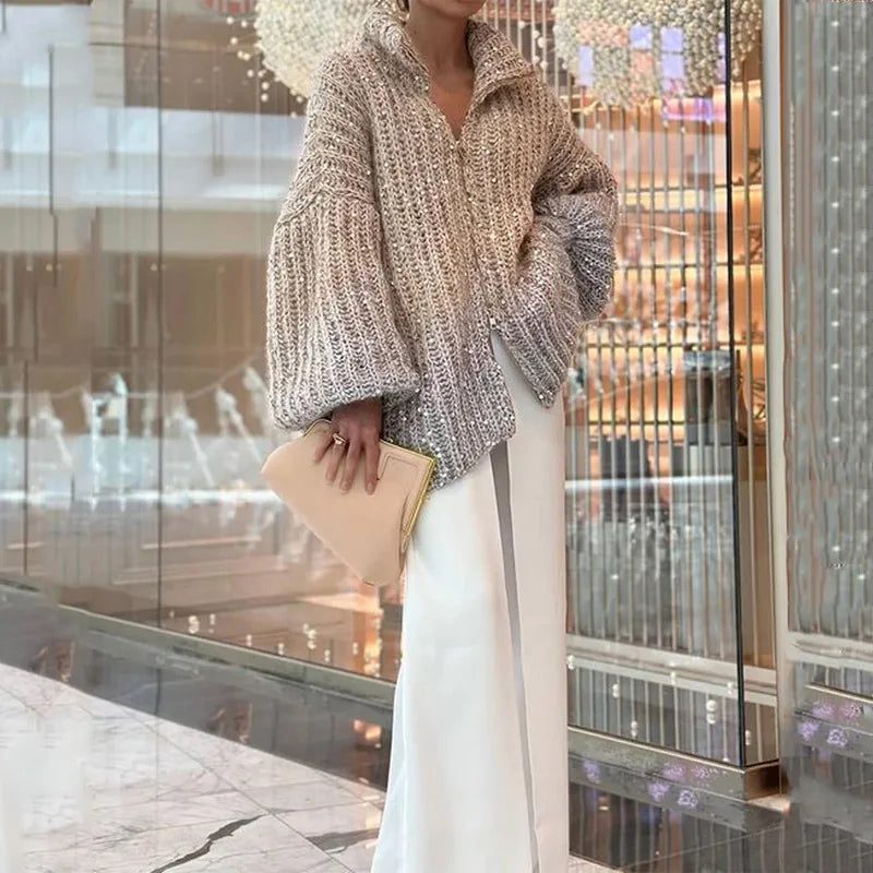 CITSLX 2024 Autumn Winter Women Long Sleeves Knitted Cardigan Casual Comfortable Sequin V-Neck Sweater Coat Loose Female Outwear