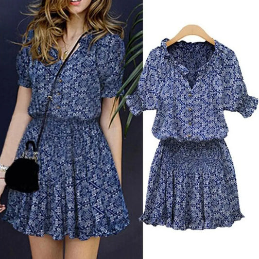 CITSLX 2024 Boho Casual Women Summer Dress V Neck Floral Print Chiffon Beach Dress Tunic Sundress Loose Mini Party Dress Vestidos